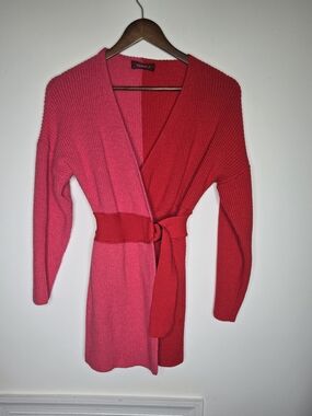 4SI3NNA Colorblock Belted Cardigan Sweater Pink Red Ribbed Knit W Belt Wrap S